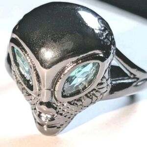 Mens Alien Skull Biker Ring Black Sterling silver Gothic Sci Fi Ring Sz10